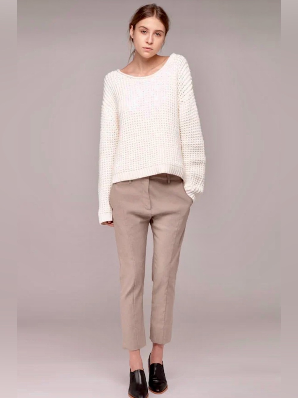ACNE STUDIOS Ivory Cream Solid Waffle Textured Knit Oversized Sweater, Size L